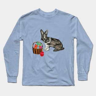 Black and White Rabbit with Easter Basket Painting Long Sleeve T-Shirt